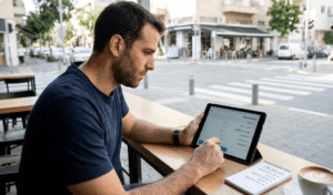 גבר יושב ובוחן בטאבלט מערכת סינון חכמה להשכרת דירות ללא תיווך