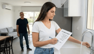 בחורה בודקת דירה לפני השכרה