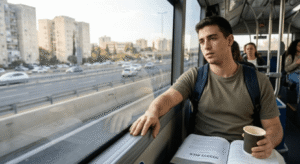 סטודנט נוסע באוטובוס לאוניברסיטה